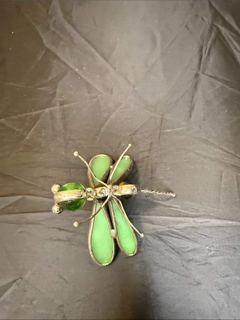 Green Stained Glass Dragonfly Accent with Brass-Tone Frame